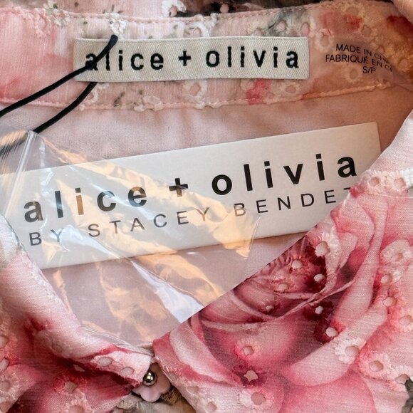 NWT Alice + Olivia “Minda” Floral Eyelet Ruffle-Sleeve Tie-Neck Blouse Size S - Picture 5 of 11